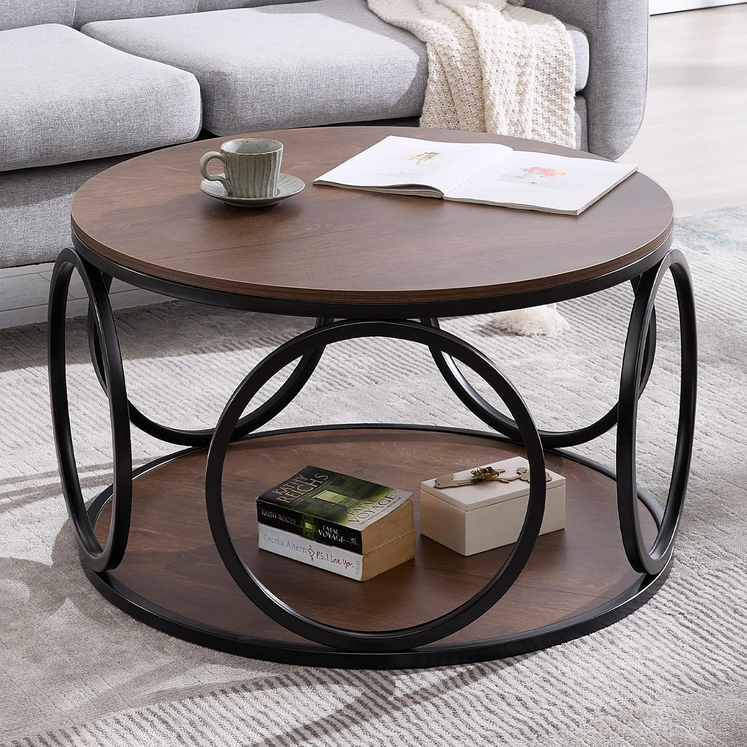2 Tier Round Coffee Table 31.5"Modern Coffee Table for Living Room with ...