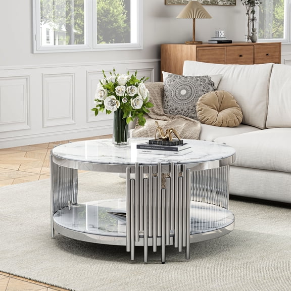 2-Tier Round Coffee Table, 37" White Faux Marble Top and Silver Stainless Steel Frame, Luxury Modern Center Table for Living Room, Office or Apartment