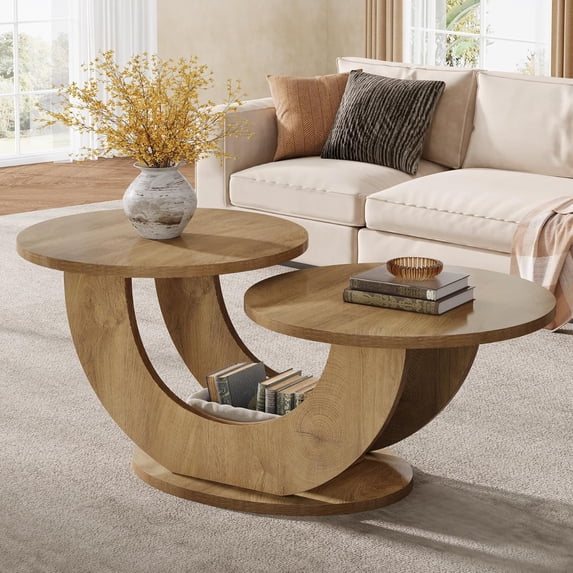 2-Tier Round Coffee Table, Farmhouse Living Room Coffee Table with U-Shaped Frame