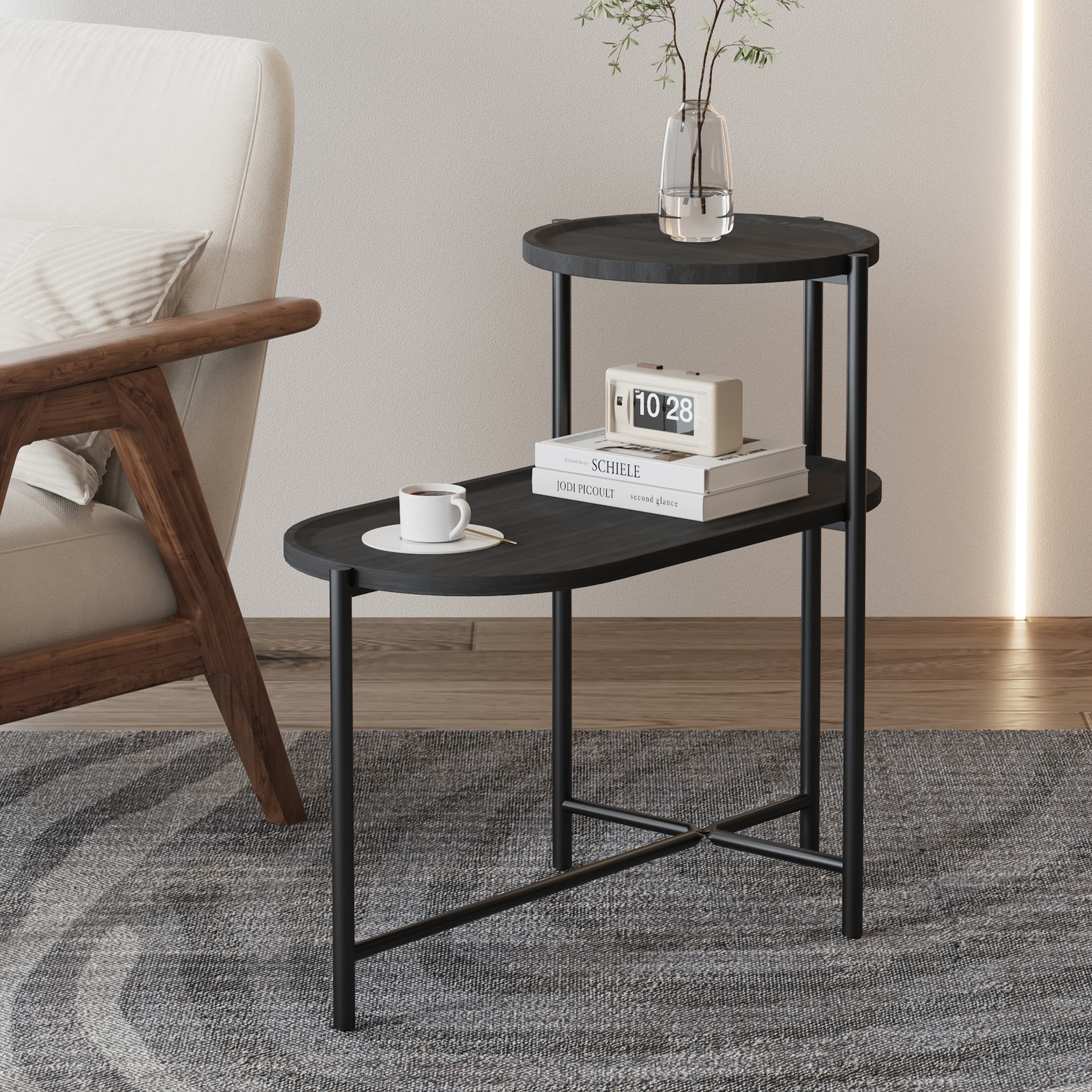2-Tier Round Coffee Table with Oval Storage Bottom Tray, MDF Wooden Side End Table with X-Shaped Metal Frame, 44LBS Total Capacity for Living Room Bedroom Office