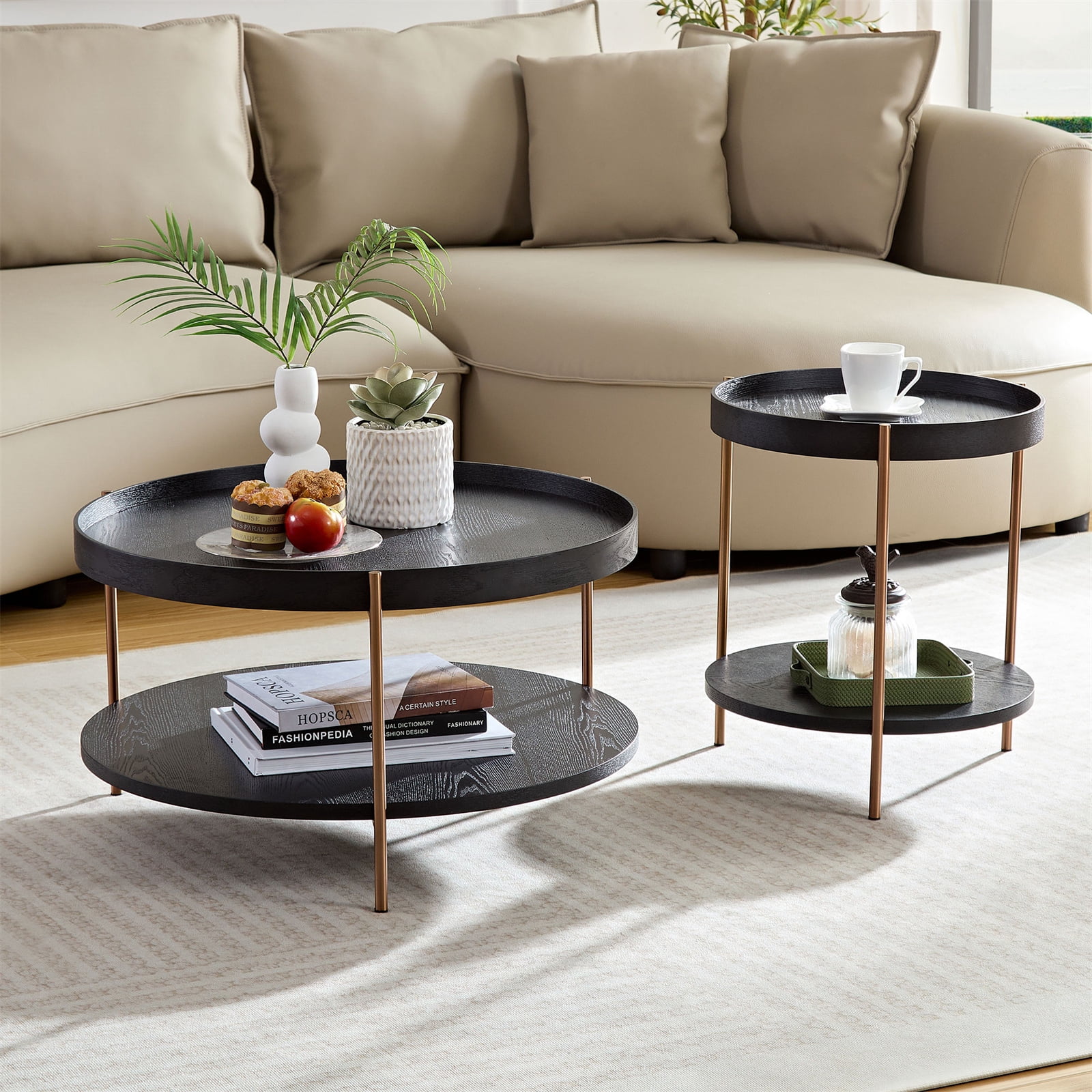 2 Tier Round Coffee Table Set of 2, Nesting Coffee Tables with ...