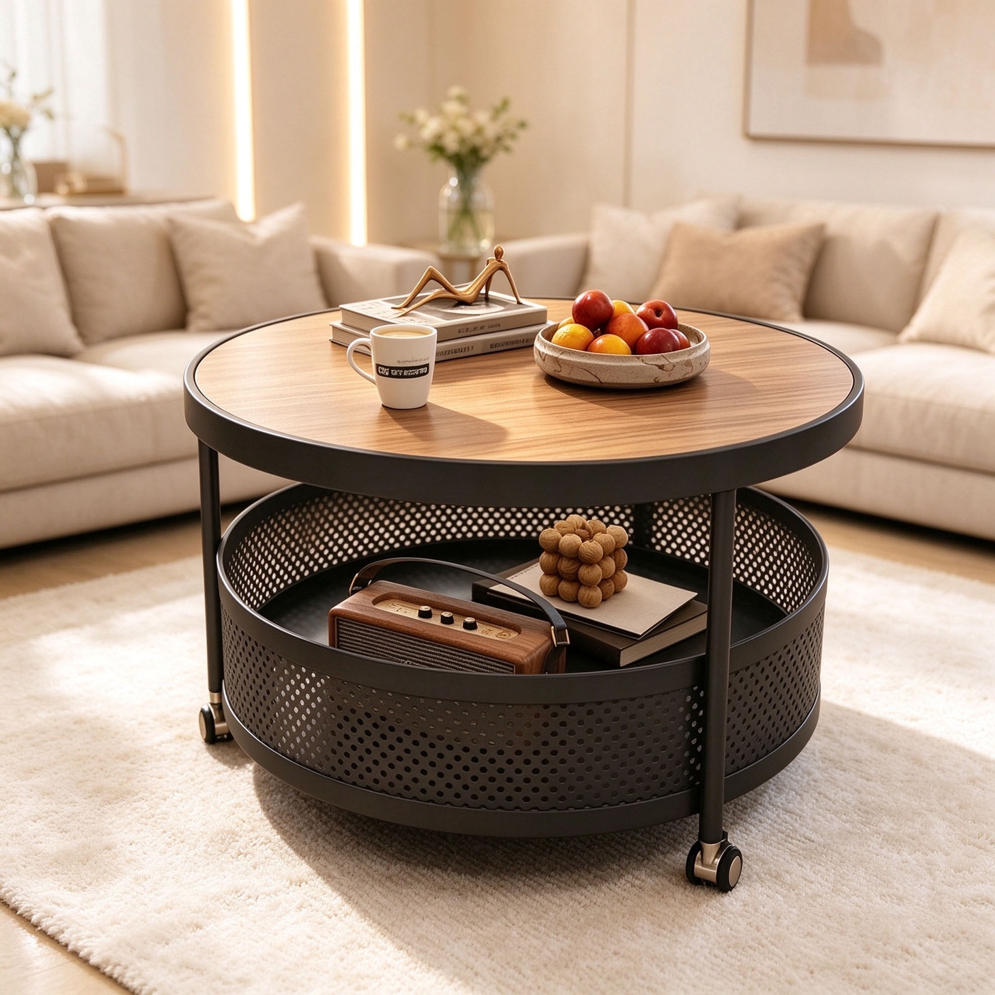 2 Tier Round Coffee Table on Wheels, Mobile Center Table with Basket ...