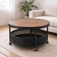2 Tier Round Coffee Table on Wheels, Mobile Center Table with Basket ...