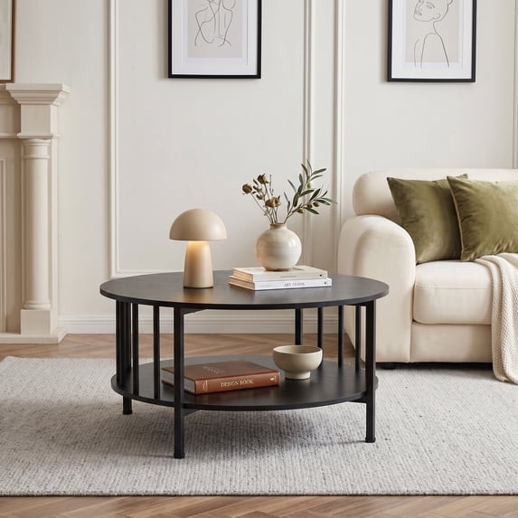 2-Tier Round Coffee Table with Storage Shelf ,Modern Center Table Cocktail Tea Table for Living Room,Black