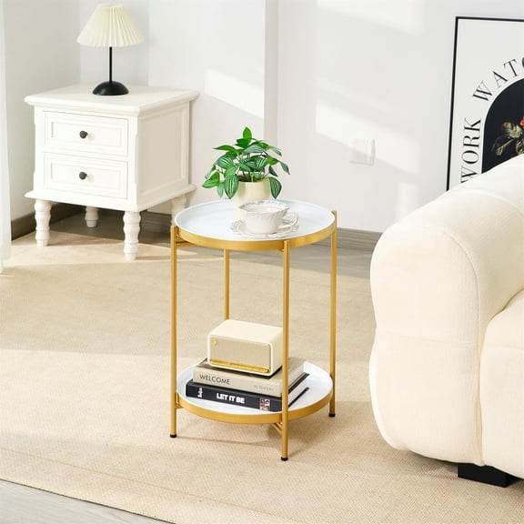 2-Tier Round End Side Table, Small Metal Side Table with Removable Tray, Folding Accent Tables for Living Room, Balcony, Nightstand for Bedroom, Outdoor Tables for , Gold&White