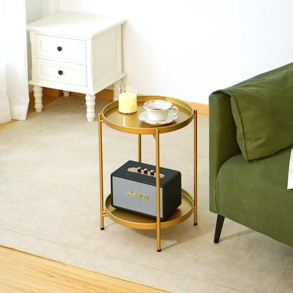 2-Tier Round End Side Table, Small Metal Side Table with Removable Tray, Folding Accent Tables for Living Room, Balcony, Nightstand for Bedroom, Outdoor Tables for Patio, Gold