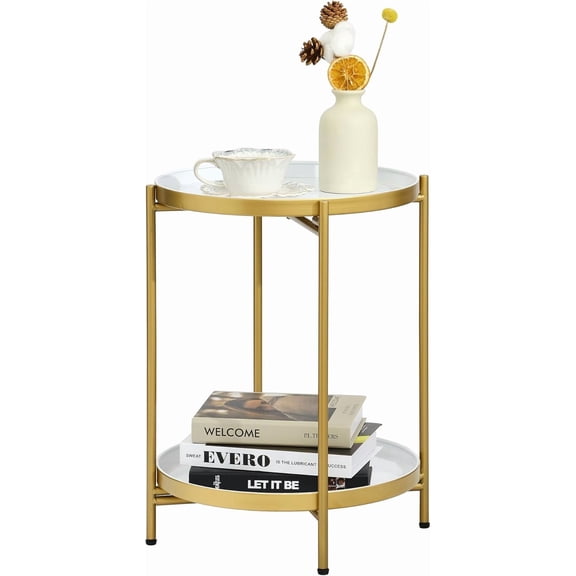 2-Tier Round End Side Table, Small Metal Side Table with Removable Tray, Folding Accent Tables for Living Room, Balcony, Nightstand for Bedroom, Outdoor Tables for Patio, Gold&White