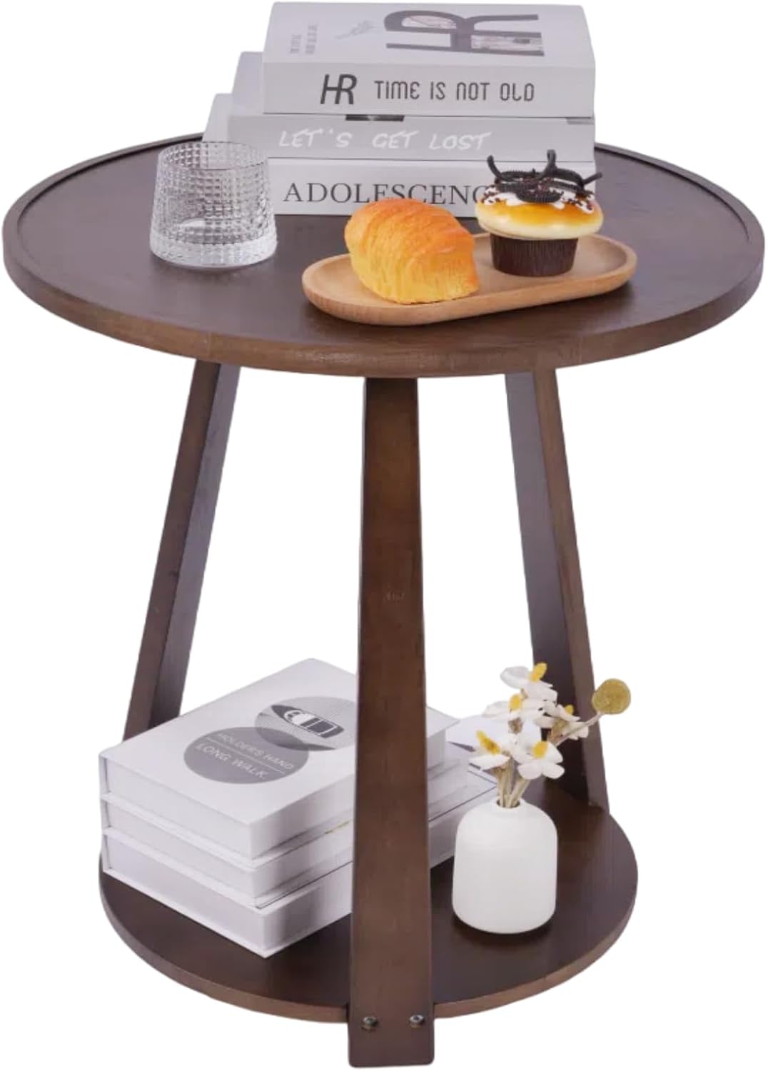 2-Tier Round End Table,19.7" Solid Wood Side Table with Storage Shelf ...