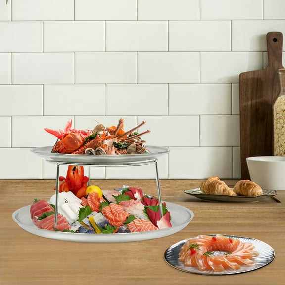 2 Tier Round Food Serving Riser Seafood Plate Silver Plate Rack Tray Stand for Banquet