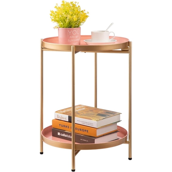 2-Tier Round Gold Side Table, Outdoor Compact Folding Accent Stand with Removable