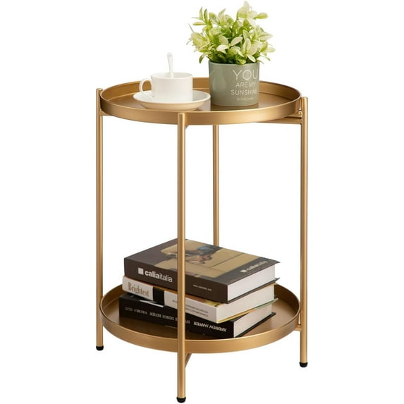 2-Tier Round Gold Side Table, Outdoor Small Folding Accent Stand with Removable Tray, Anti-Rust Metal Asional Table for Balcony Patio Living Room, Nightstand for Bedroom(Gold)