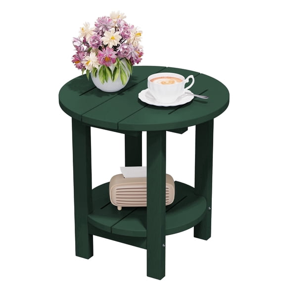 FUNDAZE 2-Tier Round HDPE Patio Side Table, End Tables For Living Room, Waterproof Indoor & Outdoor Small Table for Poolside, Garden, Dark Green