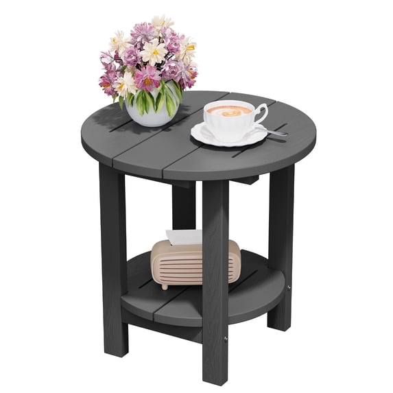 FUNDAZE 2-Tier Round HDPE Patio Side Table, End Tables For Living Room, Waterproof Indoor & Outdoor Small Table for Poolside, Garden, Gray