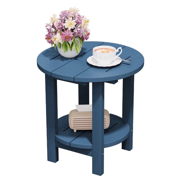 FUNDAZE 2-Tier Round HDPE Patio Side Table, End Tables For Living Room, Waterproof Indoor & Outdoor Small Table for Poolside, Garden, Navy Blue