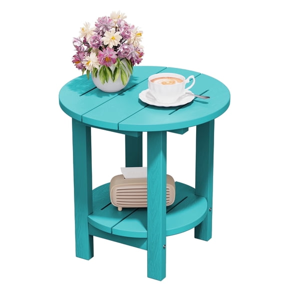 FUNDAZE 2-Tier Round HDPE Patio Side Table, End Tables For Living Room, Waterproof Indoor & Outdoor Small Table for Poolside, Garden, Turquoise