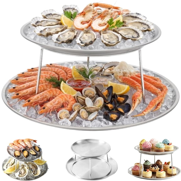 2-Tier Round Seafood Tower Tray, 2026 New Silver Platter & Oyster Tray Set for Chilled Serving, Elegant Round Cold Plate Display for Buffet, Banquet & Party
