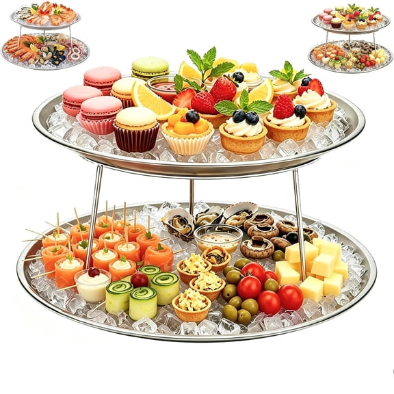 2-Tier Round Seafood Tower Tray; stainless steel round serving platter suitable for cold appetizers, desserts, oysters, and various types of seafood.，6.7in+10.2in Set