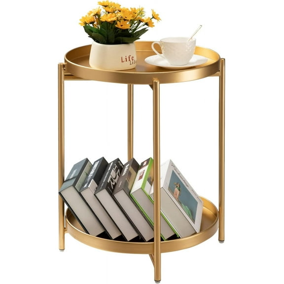 2 Tier Round Side Table, Folding Metal Small Bedside Nightstand for with Two Removable Tray for Bedroom Living Room Bedside Small Spaces Gold