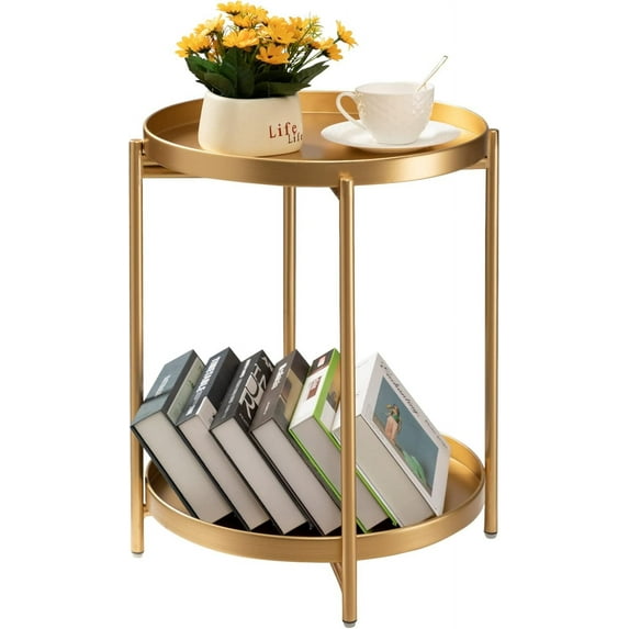 2 Tier Round Side Table, Folding Metal Small Bedside Nightstand for with Two Removable Tray for Bedroom Living Room Bedside Small Spaces Gold