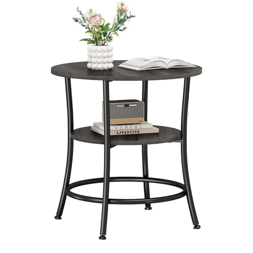 2-Tier Round Side Table for Living Room, Grey Wood Grain Accent End Table with Storage Shelf, Sturdy Metal Frame Nightstand for Bedroom, Couch Table for Small Spaces