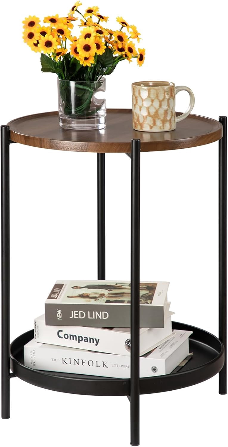 INHABIT UNION 2-Tier Round End Table – Rustic Brown Metal Frame, 15.4” X 21.6”, For Living Room & Bedroom