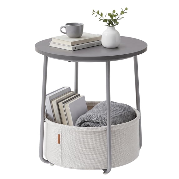 2 Tier Round Side Table With Storage Basket U Shaped Support Nightstand For Living Room Bedroom
