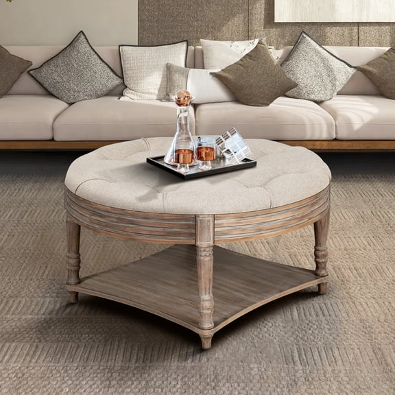 2 - Tier Round Tufted Stool | Fit Various Living Room Styles | Solid Wood Structure | Manage Home Items