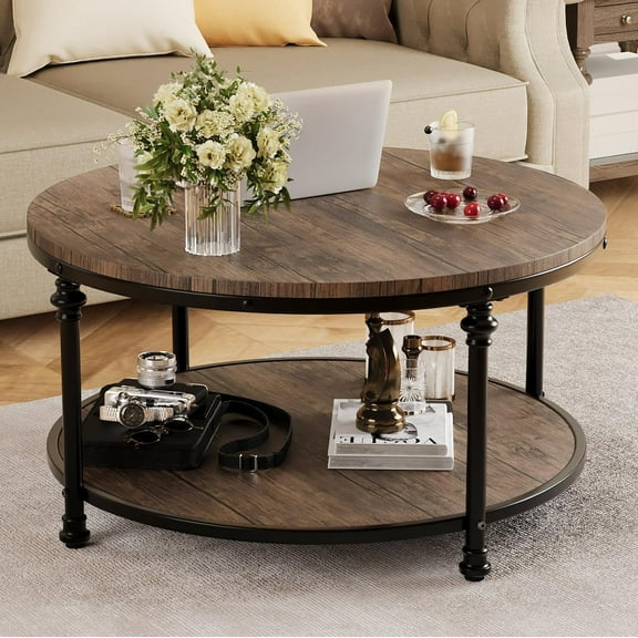 2-Tier Round Wood Coffee Table With Storage Shelf & Roman Column Metal Frame Rustic Circle Center Table With Easy Assembly for Living Room, Reception Room 30.5" x 30.5" x 18", Wood Grain Brown