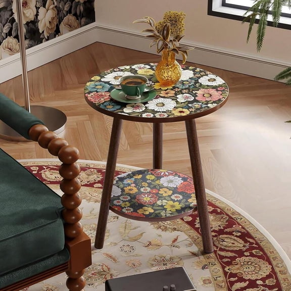 2Tier Round Wood Side Table 15.75"18.5", Retro Mandala Pattern Nightstand for Small Spaces Bedroom Balcony Terrace