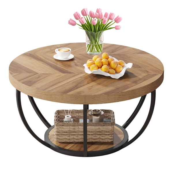 2-Tier Round Wooden Coffee Table, Modern Cocktail Table with Storage Shelf, Sturdy Living Room Coffee Table, Beige