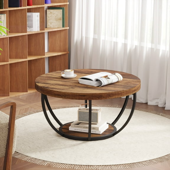 2-Tier Round Wooden Coffee Table, Modern Sturdy Cocktail Table With Storage Shelf For Living Room, Brown