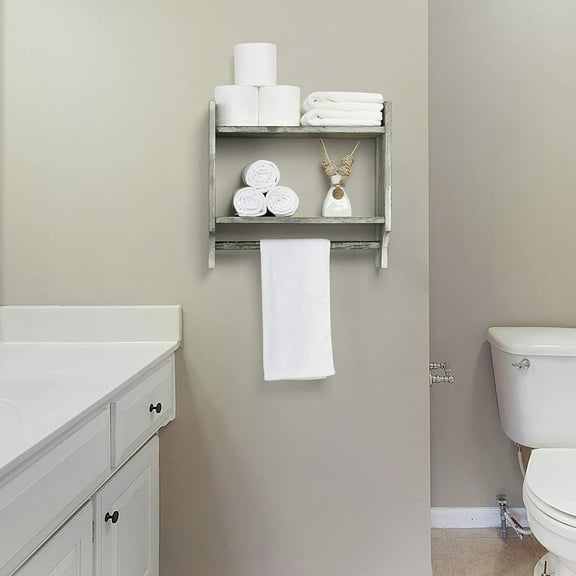 2-Tier Rustic Bathroom Shelves with Towel Bar Wall Mounted Wood Towel Rack