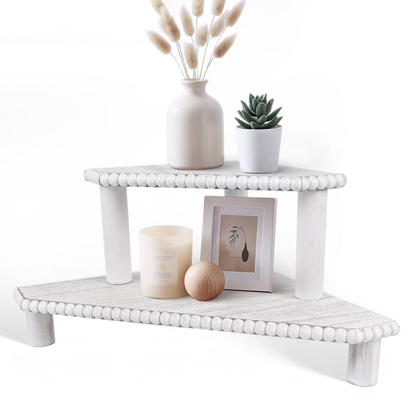 2-Tier Rustic Corner Shelf for Kitchen Counter,Wood Beaded Farmhouse Countertop Organizer with Removable Feet, Stackable Bathroom Vanity & Coffee Bar Decorative Riser Stand