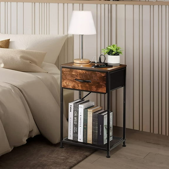 2 Tier Rustic Side Table End Table Bedroom Nightstand w/Storage Drawer&AC Plug