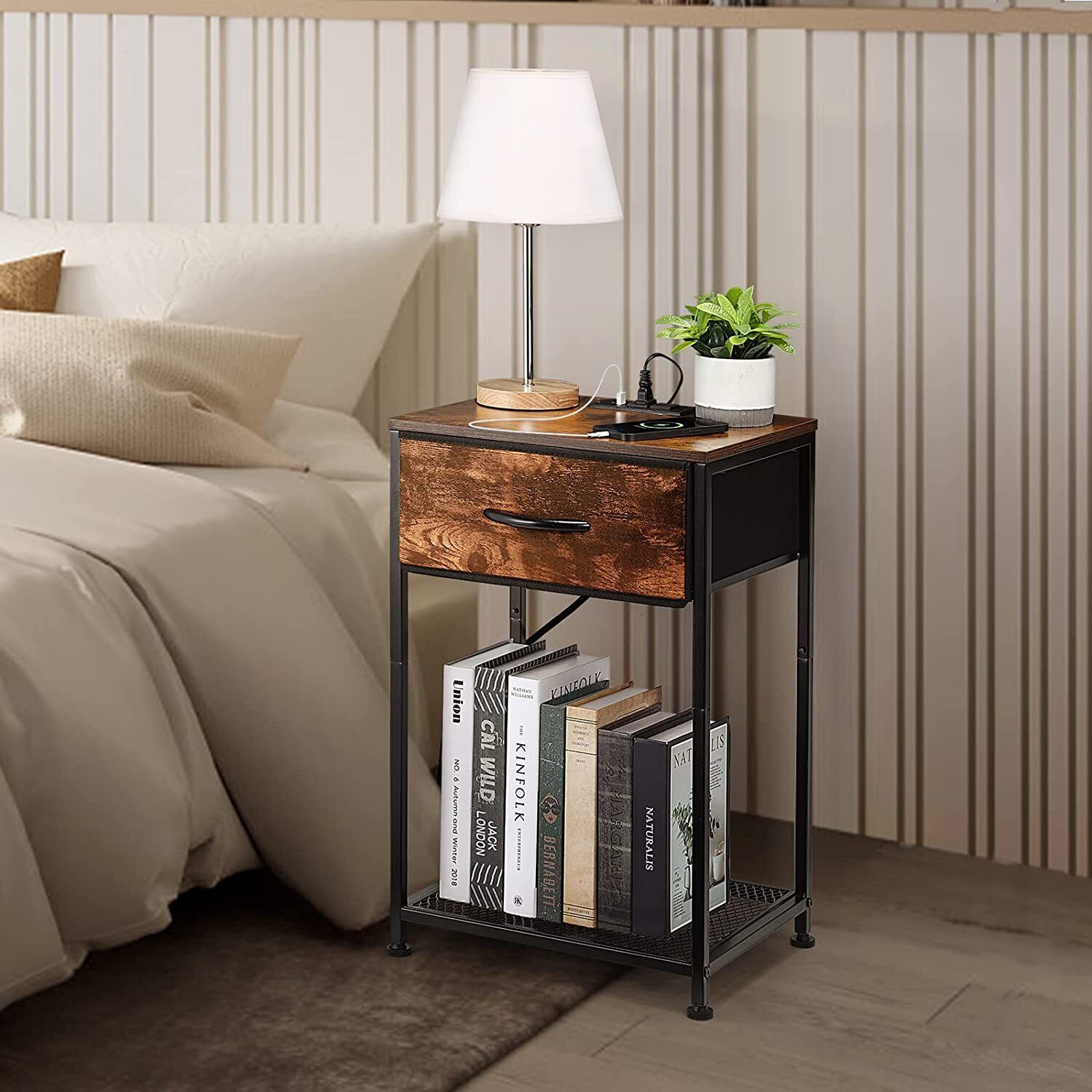 2 Tier Rustic Side Table End Table Bedroom Nightstand w/Storage Drawer ...