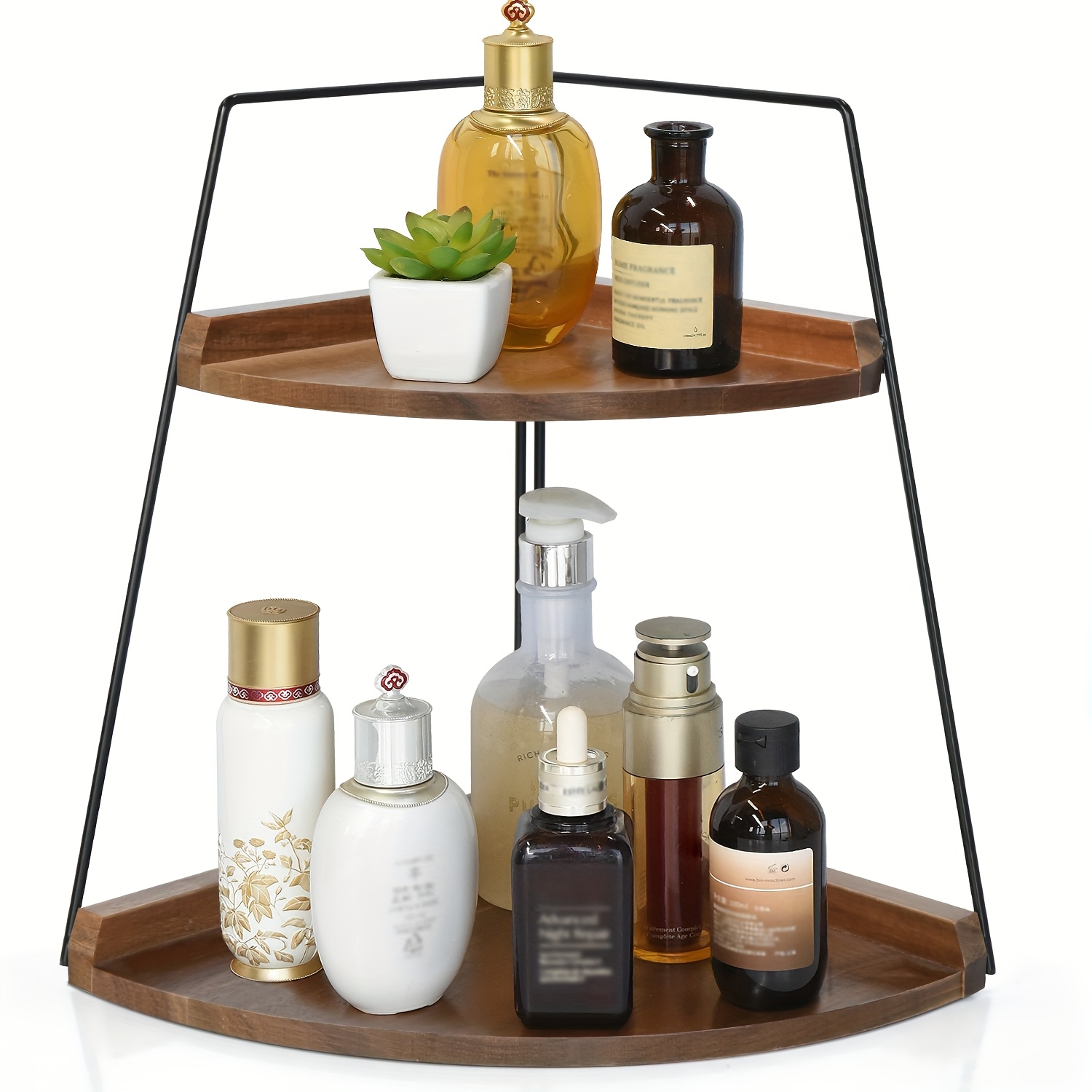 2-Tier Rustic Wood Corner Bathroom Organizer - Countertop Storage Tray ...