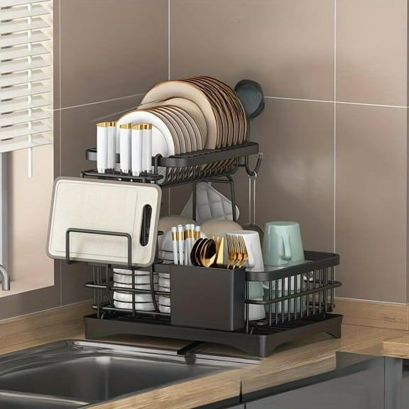 2-Tier Rustproof Dish Rack with Drainboard & Utensil Holder - Space-Saving Kitchen Countertop Organizer, Compact Design for Plates, Bowls, Pots, Pans & Cutlery Storage, Dish Drying Rack for Kitchen