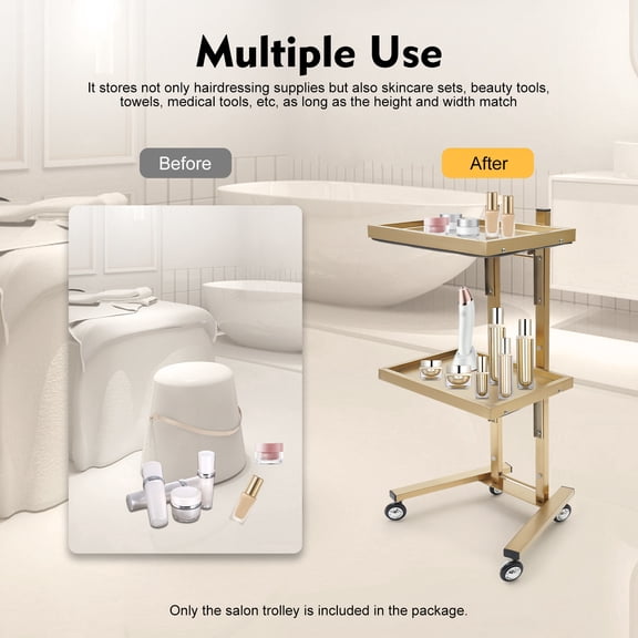 2-Tier Salon Trolley Cart, Adjustable Height Beauty Rolling Cart with Wheels, Metal Storage Tray for Spa, Esthetician, Barber and Makeup Use