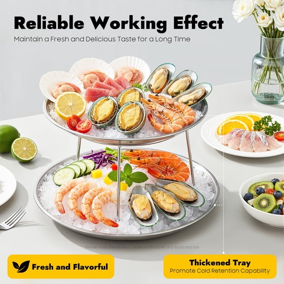2-Tier Seafood Tower Serving Stand, 7.87in & 9.84in Round Aluminum Oyster Trays with Support Bracket, Silver Display Platter for Wedding Buffet Party
