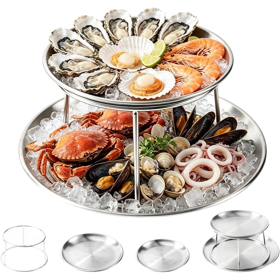 2-Tier Seafood Tower and Silver Platter Set, Stainless Steel Cold Plate ...