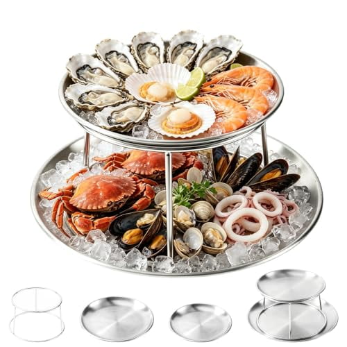 2 Tier Seafood Tower Stand, Stainless Steel Oyster Tray and Serving Platter Set, Round Chilled Seafood Display Stand for Shrimp, Crab, Lobster, Appetizers, Desserts, Parties and Buffets