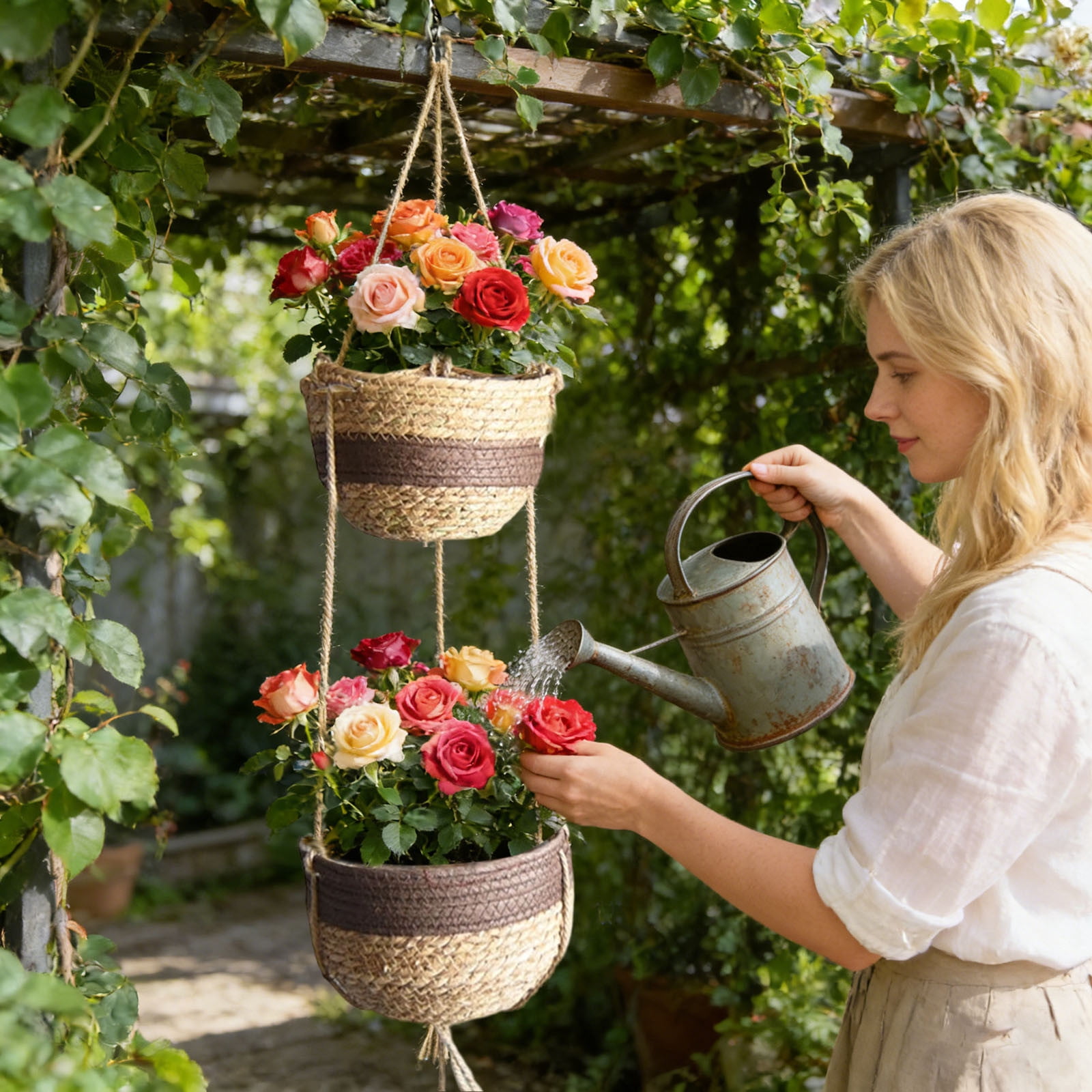 2 Tier Seagrass Hanging Planter Double Layer Woven Hanger Boho Flower Pot for Home Garden Patio Balcony and Lovers