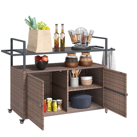 2-Tier Shelf PE Rattan Outdoor Bar Table with Glass Top, Mobile Serving Cart with Cabinet for Patio, Mixed Brown