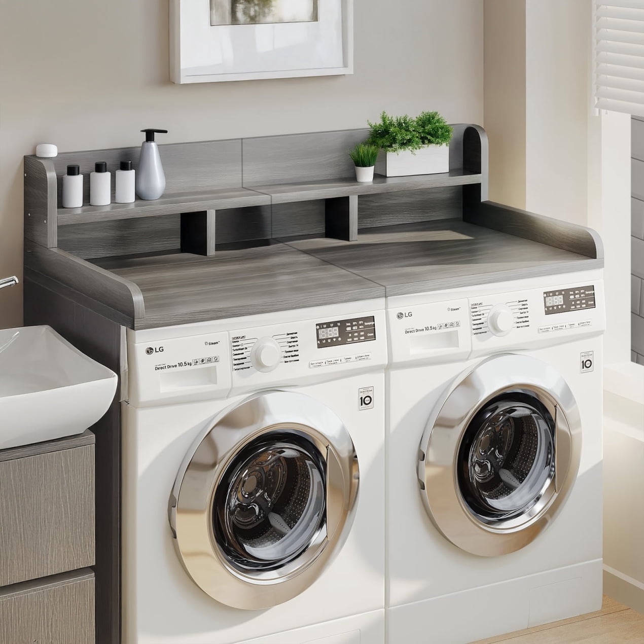 2-Tier Washer Dryer Countertop with Edge Rails, Washer and Dryer Double Topper, Water-Resistant Laundry Topper for Laundry Hamper Counter Storage, Black, 54" W x 27.5" D, Gray+White Matte