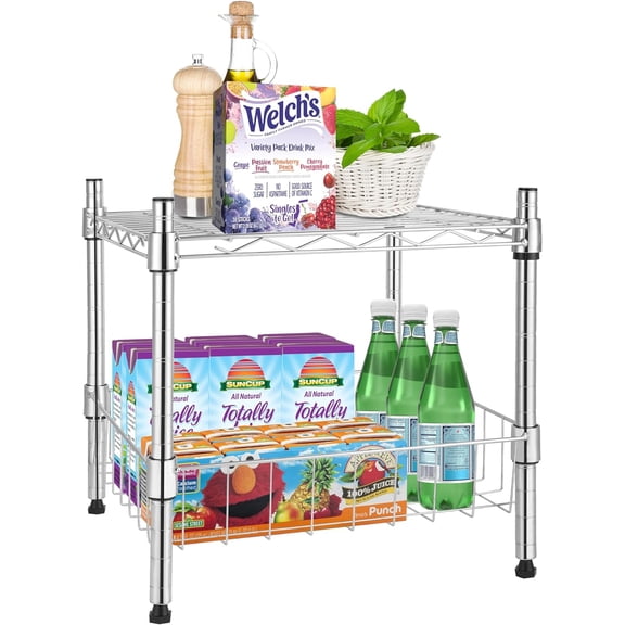 2-Tier Shelving Unit, 15" W x 13.8" D x 15" H Wire Metal Stackable Storage with Basket, Chrome