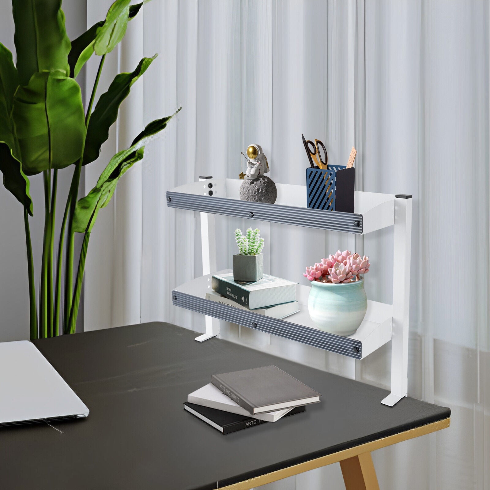 2 Tier Shelving Unit Desktop Organizer Adjustable Clamp on Desk Shelf or Under Desk
