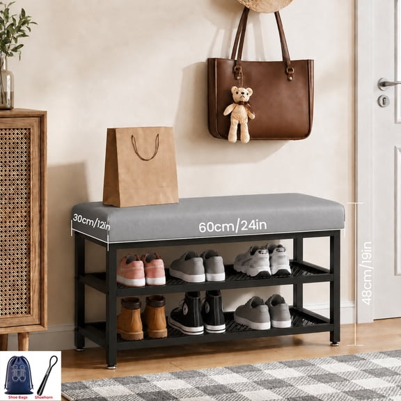 2-Tier Shoe Bench, 47/39/31/24-Inch Entryway Shoe Storage with Cushioned Seat, Metal Rack Organizer for Hallway, Mudroom and Closet