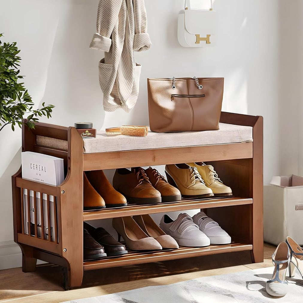 2 Tier Shoe Bench, Bamboo Shoe Rack Bench, Shoe Storage Bench Organizer ...