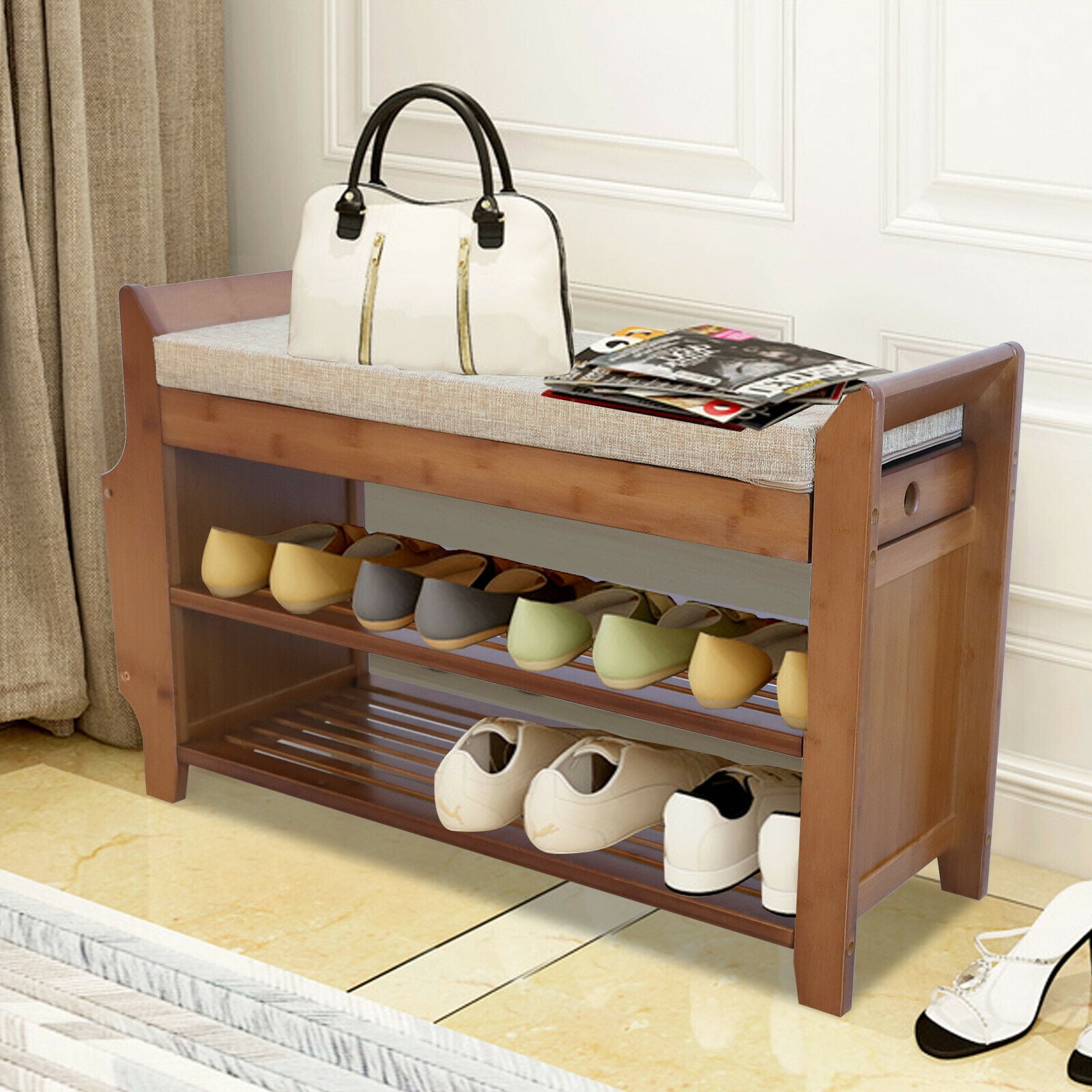 2 Tier Shoe Bench Shoe Storage Bench Rack Entryway Shoe Stool & Soft Seat Entryway Shoe Bench 2-Tier Vintage Shoe Rack Foyer Storage Benches Wood Shoe Cabinet with Small Drawer and Side Space