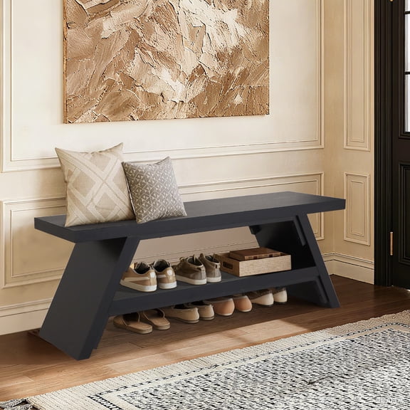 2-Tier Shoe Bench,Solid Wood Shoe Storage Bench,Modern Narrow Bench for Entryway, Kitchen, Bedroom, Dining